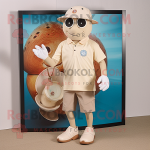 Tan Oyster mascot costume character dressed with a Polo Shirt and Wallets