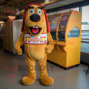 Gold Hot Dogs mascot costume character dressed with a Corduroy Pants and Watches