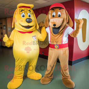 Gold Hot Dogs mascot costume character dressed with a Corduroy Pants and Watches