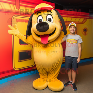 Gold Hot Dogs mascot costume character dressed with a Corduroy Pants and Watches