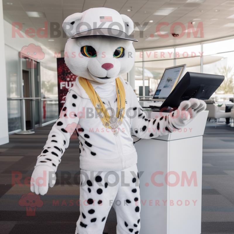 White Cheetah mascot costume character dressed with a Jumpsuit and Hats