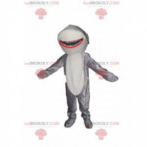 Mascotte de requin gris et blanc très joyeux. Costume de requin