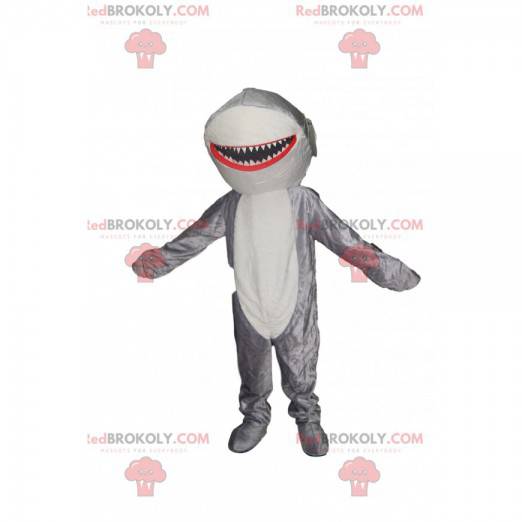 Mascotte squalo grigio e bianco molto felice. Costume da squalo