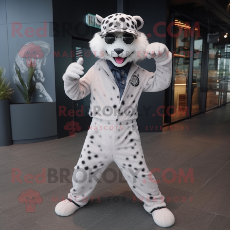 White Cheetah mascot costume character dressed with a Jumpsuit and Hats White Cheetah mascot costume character dressed with a Jumpsuit and Hats