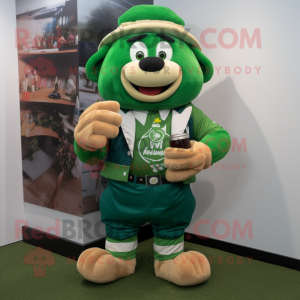 Green Green Beer mascot costume character dressed with a Rugby Shirt and Bow ties