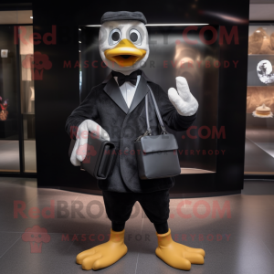 Black Goose mascot costume character dressed with a Suit and Wallets