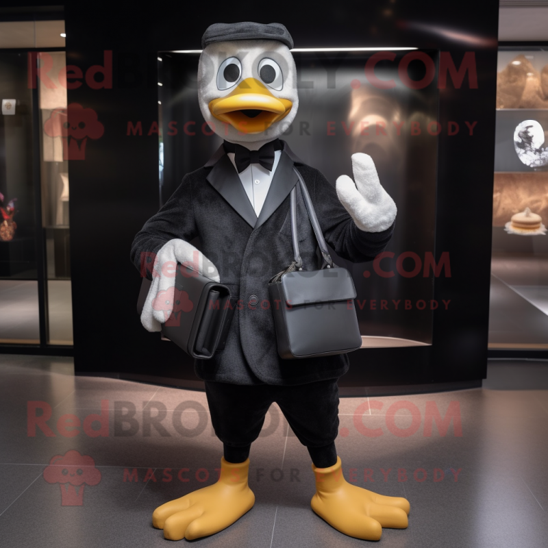 Black Goose mascot costume character dressed with a Suit and Wallets