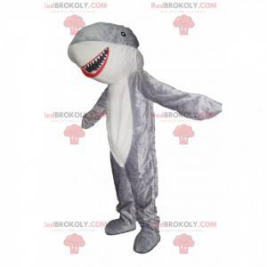 Mascota de tiburón gris y blanco muy feliz. Disfraz de tiburon