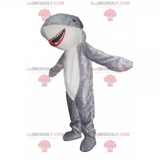 Mascote tubarão cinza e branco muito feliz. Fantasia de tubarão