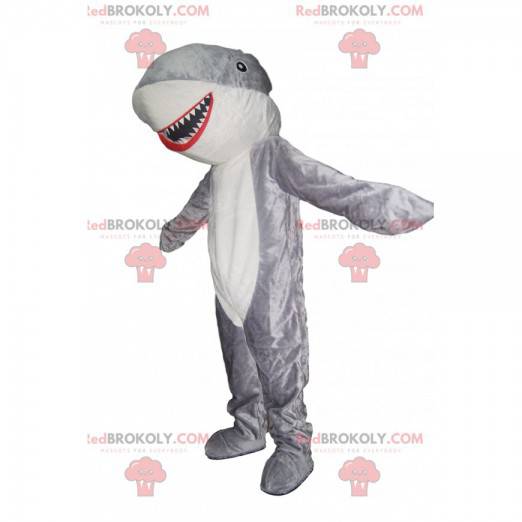 Very happy gray and white shark mascot. Shark costume -