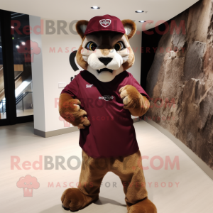 Maroon Mountain Lion mascot costume character dressed with a Wrap Skirt and Caps