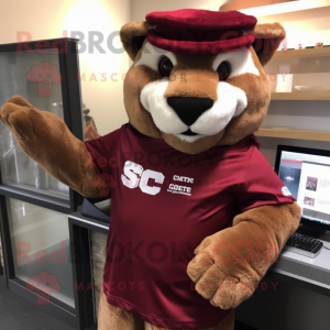 Maroon Mountain Lion mascot costume character dressed with a Wrap Skirt and Caps
