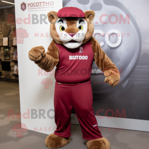 Maroon Mountain Lion mascot costume character dressed with a Wrap Skirt and Caps