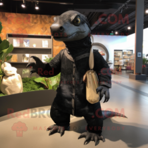 Black Komodo Dragon mascot costume character dressed with a Romper and Handbags