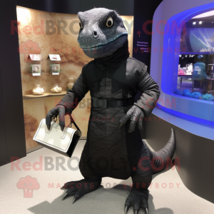 Black Komodo Dragon mascot costume character dressed with a Romper and Handbags
