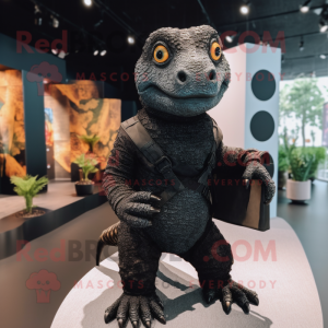 Black Komodo Dragon mascot costume character dressed with a Romper and Handbags