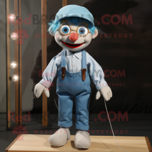 Cyan Tightrope Walker mascot costume character dressed with a Chambray Shirt and Caps