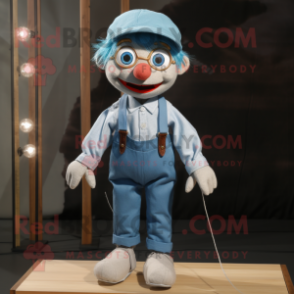 Cyan Tightrope Walker mascot costume character dressed with a Chambray Shirt and Caps