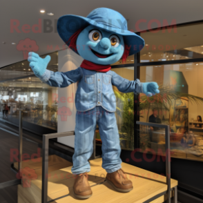 Cyan Tightrope Walker mascot costume character dressed with a Chambray Shirt and Caps