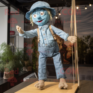 Cyan Tightrope Walker mascot costume character dressed with a Chambray Shirt and Caps