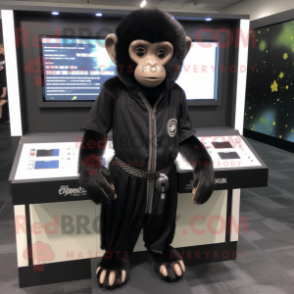 Black Capuchin Monkey mascot costume character dressed with a Jumpsuit and Keychains