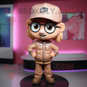 Tan Pink mascot costume character dressed with a Leather Jacket and Caps