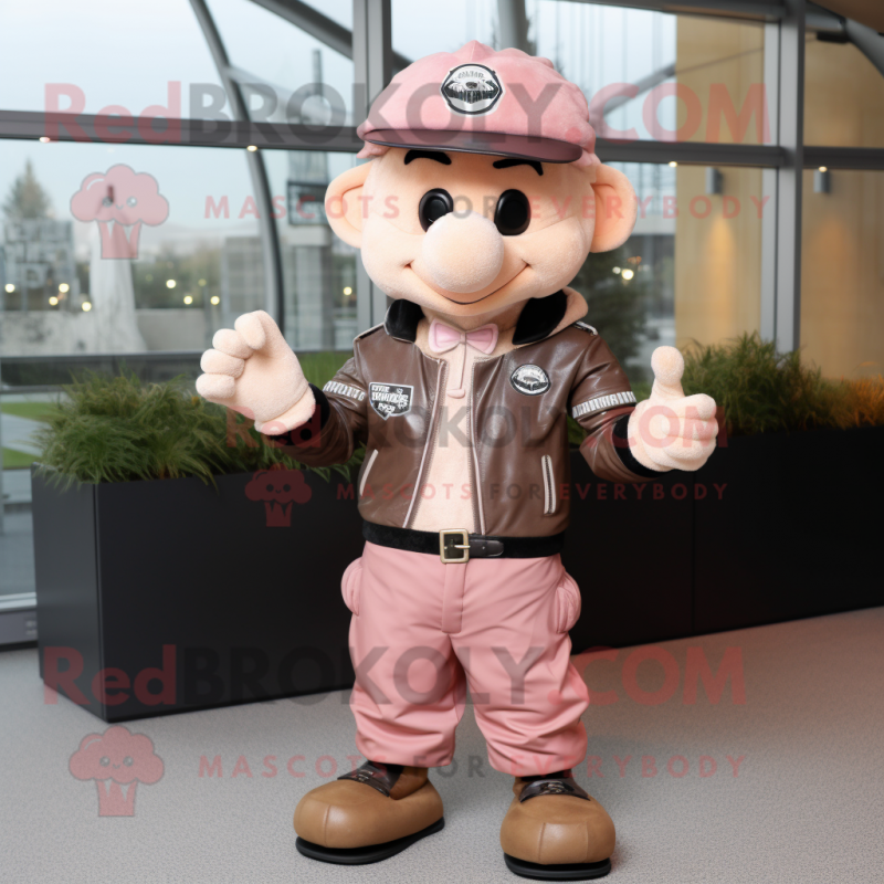 Tan Pink mascot costume character dressed with a Leather Jacket and Caps Tan Pink mascot costume character dressed with a Leather Jacket and Caps