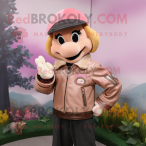 Tan Pink mascot costume character dressed with a Leather Jacket and Caps