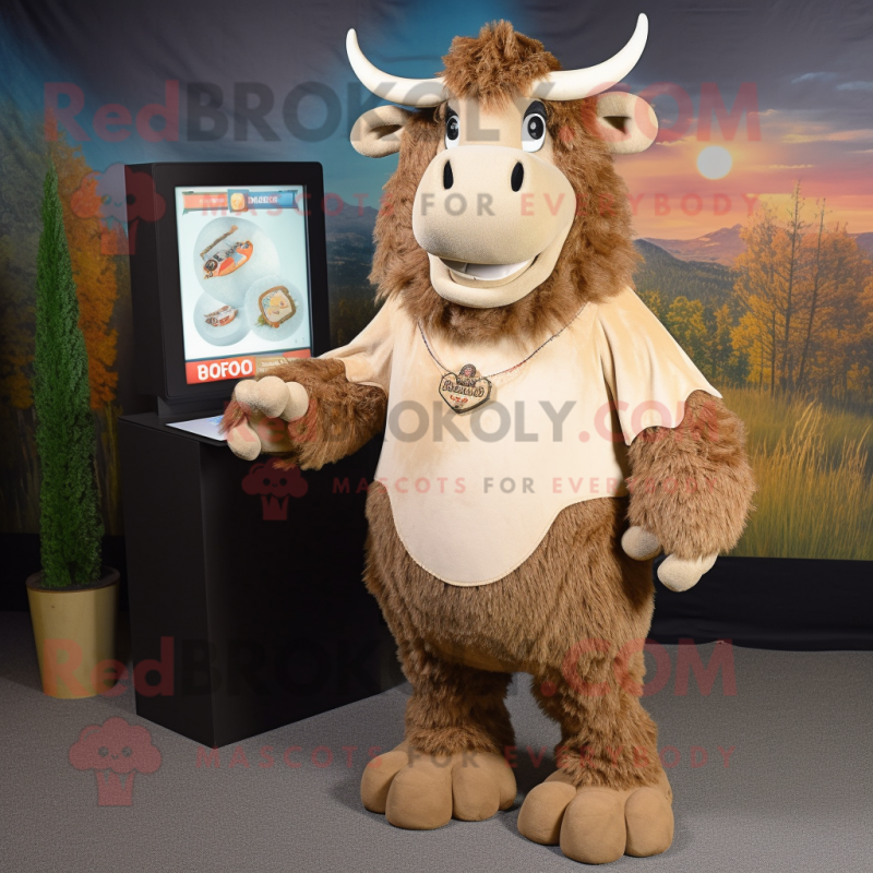 Beige Buffalo mascot costume character dressed with a Henley Shirt and Coin purses Beige Buffalo mascot costume character dressed with a Henley Shirt and Coin purses