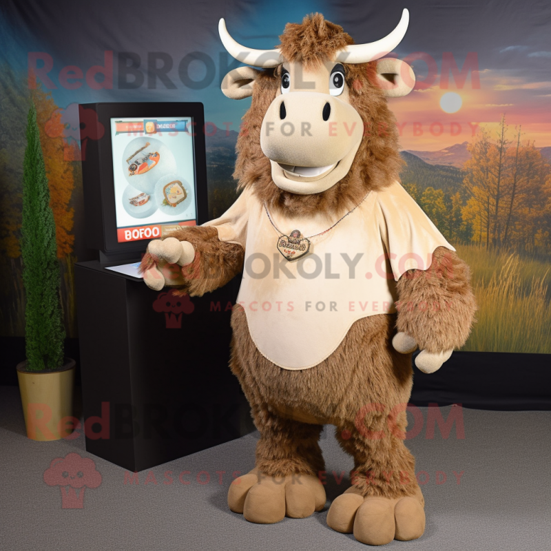 Beige Buffalo mascot costume character dressed with a Henley Shirt and Coin purses