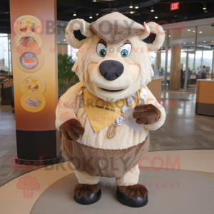 Beige Buffalo mascot costume character dressed with a Henley Shirt and Coin purses