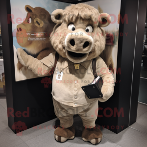 Beige Buffalo mascot costume character dressed with a Henley Shirt and Coin purses