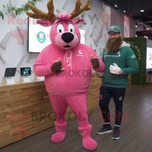 Pink Irish Elk mascot costume character dressed with a Sweatshirt and Smartwatches