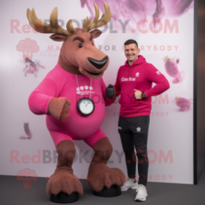 Pink Irish Elk mascot costume character dressed with a Sweatshirt and Smartwatches