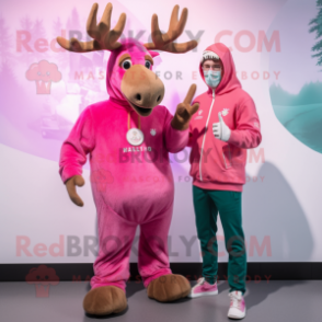 Pink Irish Elk mascot costume character dressed with a Sweatshirt and Smartwatches