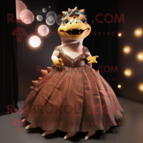 Brown Ankylosaurus mascot costume character dressed with a Evening Gown and Rings