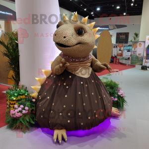 Brown Ankylosaurus mascot costume character dressed with a Evening Gown and Rings