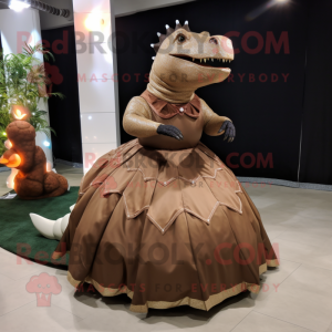 Brown Ankylosaurus mascot costume character dressed with a Evening Gown and Rings