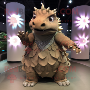 Brown Ankylosaurus mascot costume character dressed with a Evening Gown and Rings