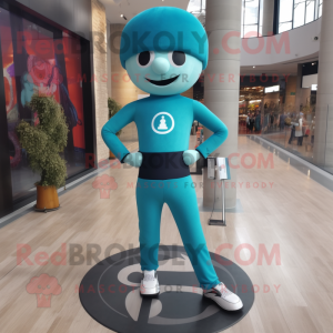 Teal Unicyclist mascot costume character dressed with a Yoga Pants and Berets