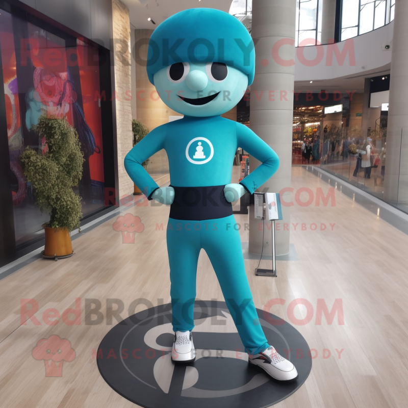 Teal Unicyclist mascot costume character dressed with a Yoga Pants and Berets