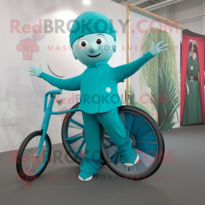 Teal Unicyclist mascot costume character dressed with a Yoga Pants and Berets