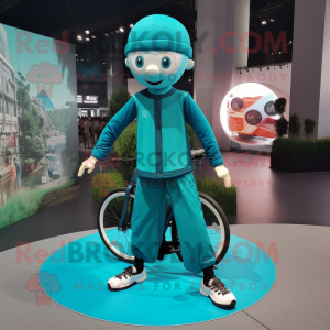 Teal Unicyclist mascot costume character dressed with a Yoga Pants and Berets