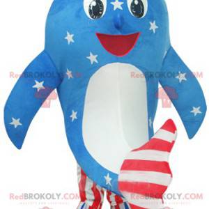 Mascotte delfino in abito americano blu, bianco e rosso -