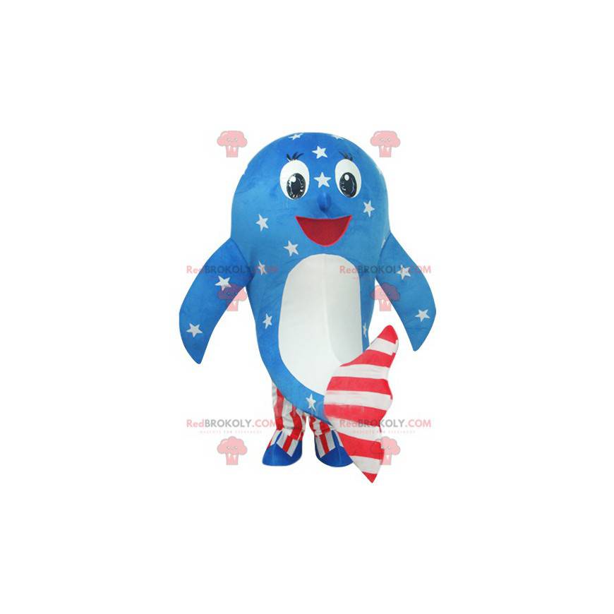 Mascotte delfino in abito americano blu, bianco e rosso -