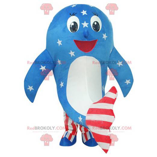 Delfin maskot i blå, hvid og rød amerikansk kjole -