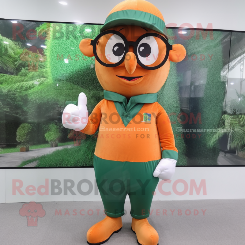 Forest Green Orange mascot costume character dressed with a Poplin Shirt and Eyeglasses Forest Green Orange mascot costume character dressed with a Poplin Shirt and Eyeglasses