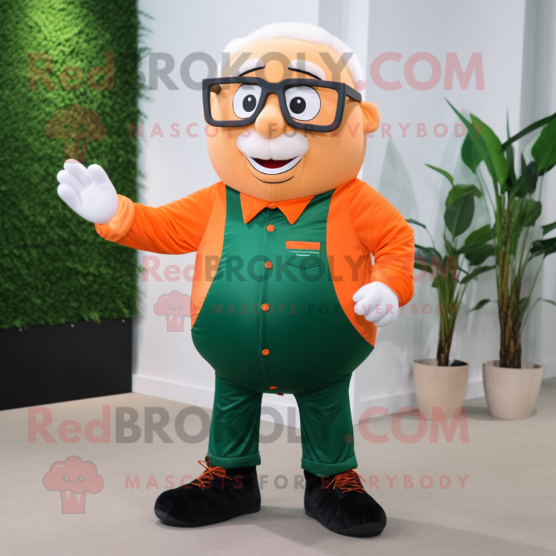 Forest Green Orange mascot costume character dressed with a Poplin Shirt and Eyeglasses