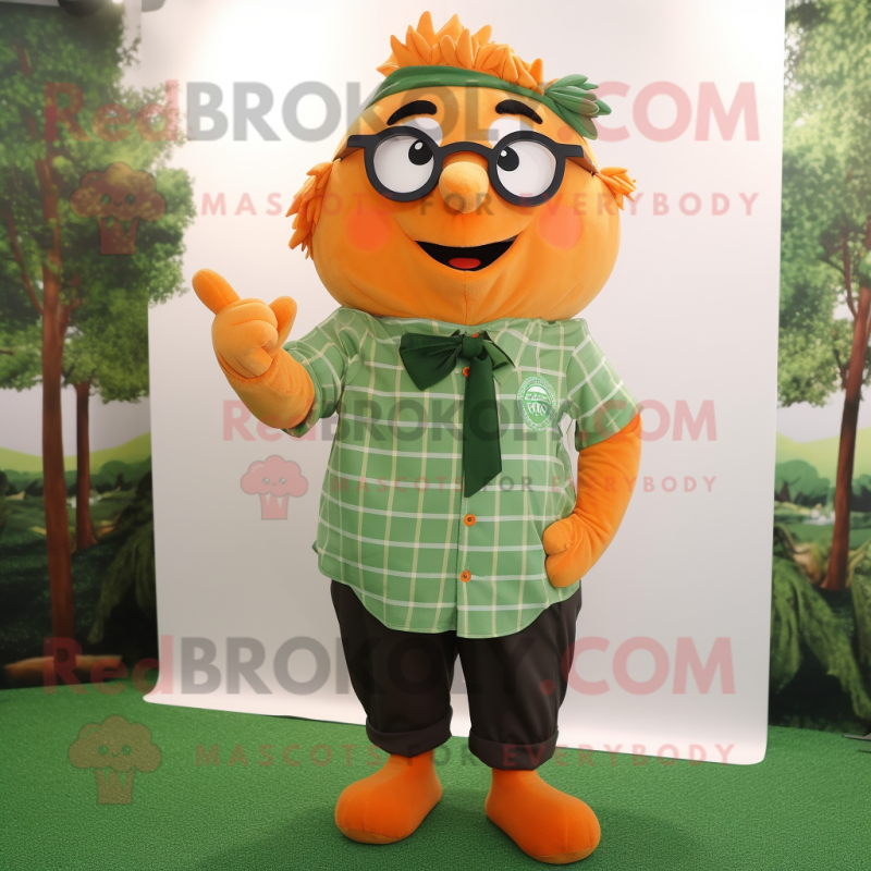 Forest Green Orange mascot costume character dressed with a Poplin Shirt and Eyeglasses Forest Green Orange mascot costume character dressed with a Poplin Shirt and Eyeglasses