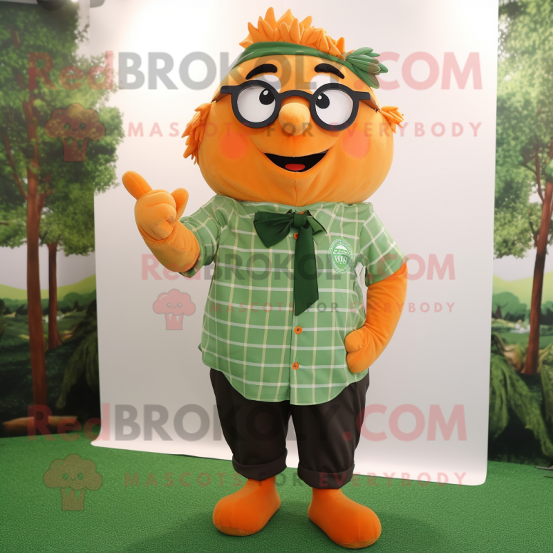 Forest Green Orange mascot costume character dressed with a Poplin Shirt and Eyeglasses